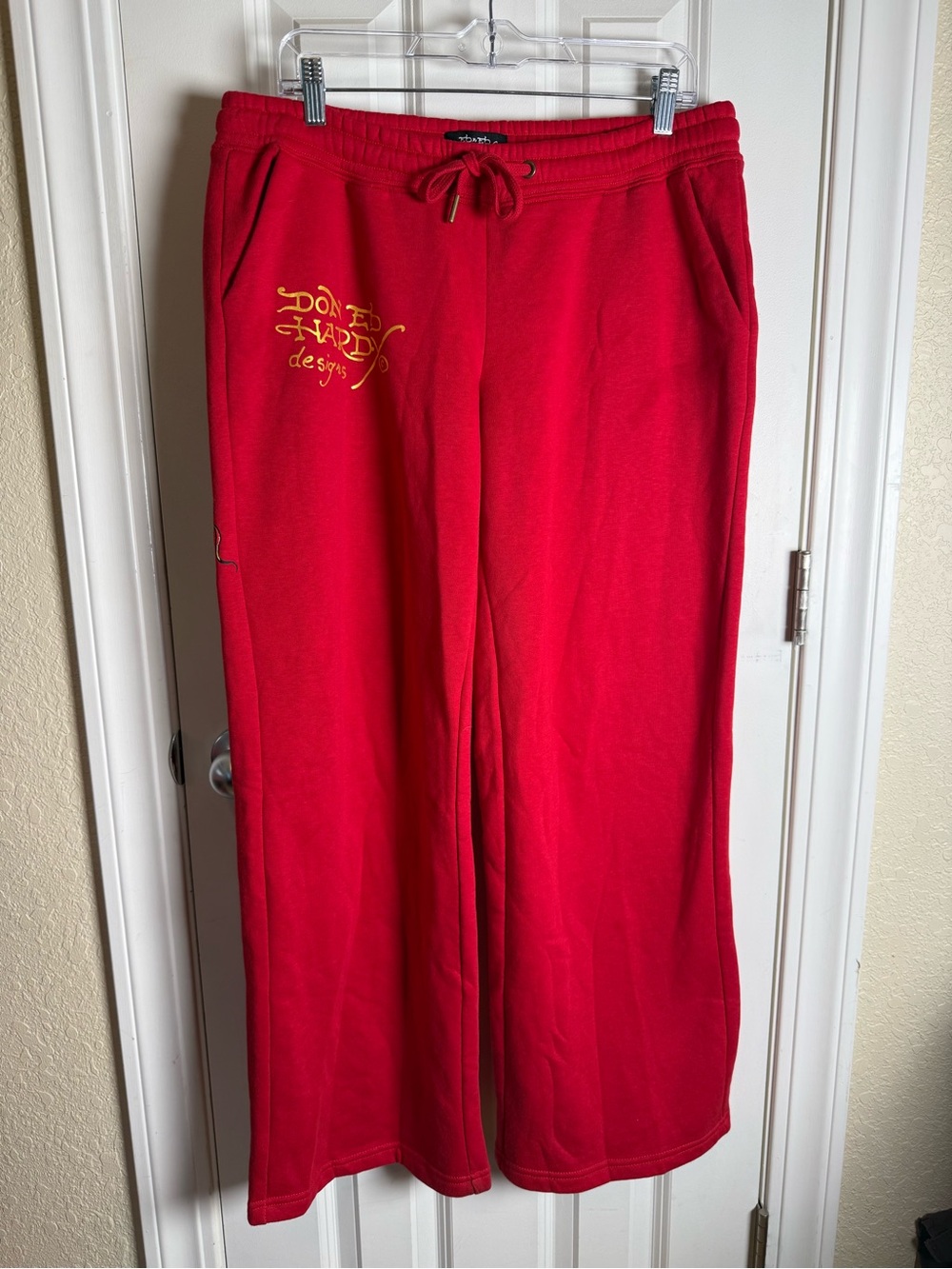Ed Hardy Red Joggers with Yellow Logo and Dragon Desing